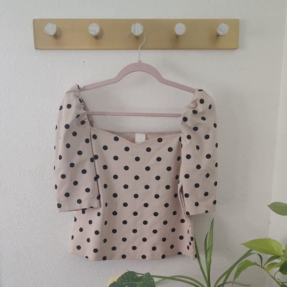 H&M Tops - H&M Cream Polka Dot Square-Neck Puff Sleeve Crop Top